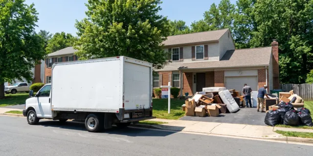 Residential junk removal truck and discard pile at a Woodbridge, VA home